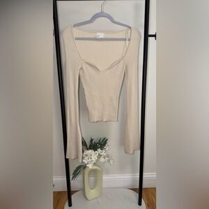 🤍 H&M Cream Ribbed Knit Top | Square Neck Corset Style | Flared Sleeves | Size S